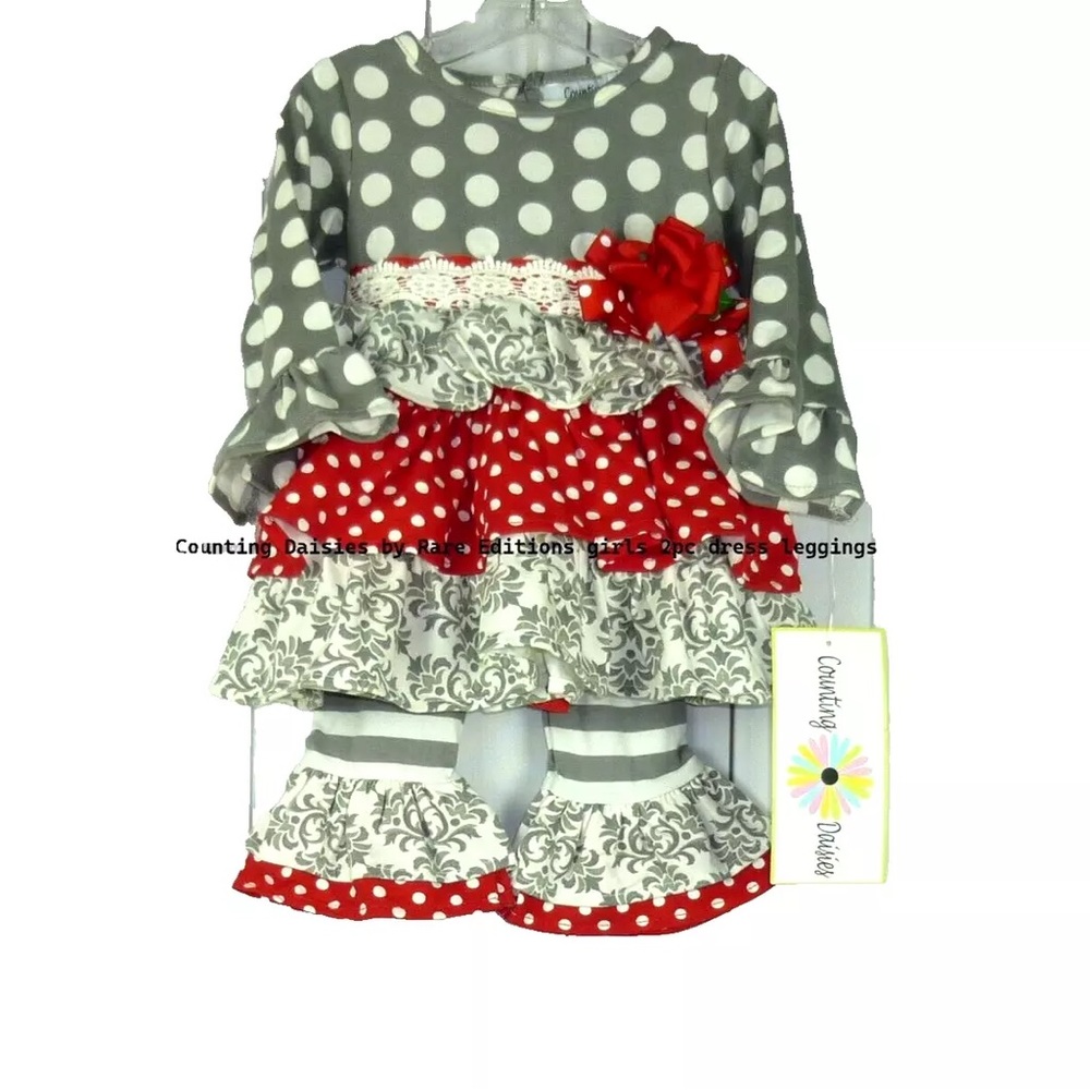 Brand New Counting Daisies 2pc Polka Dots Unlined Dress Striped Leggings Holiday